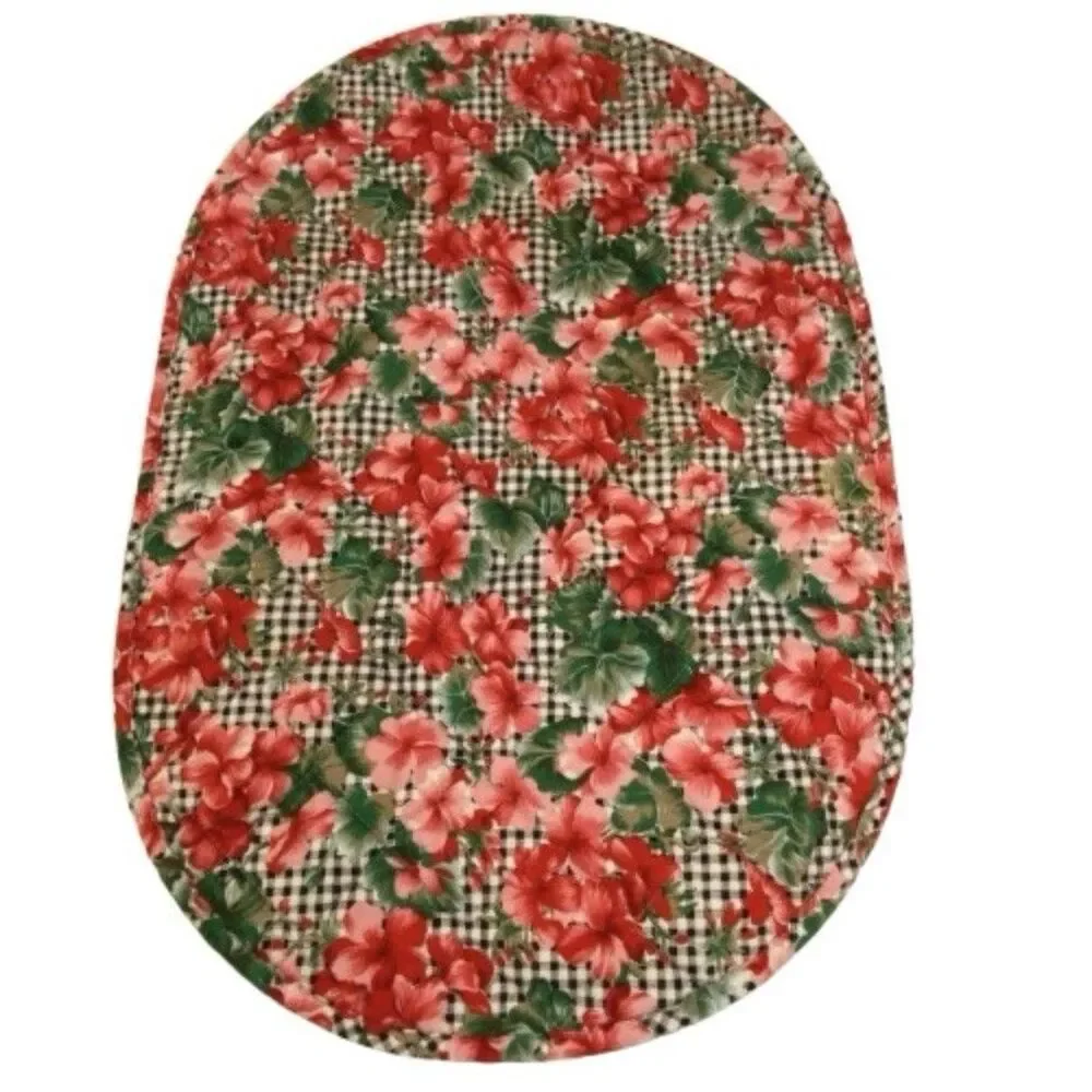 Set of 6 Vintage Floral Quilted Placemats Gingham Check Hibiscus Red Pink Oval